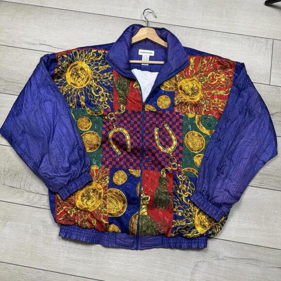 Jackets & Blazers - Vintage Lauren Brooke Windbreaker Jacket Sz L Baroque Patchwork Gold Chains 90s